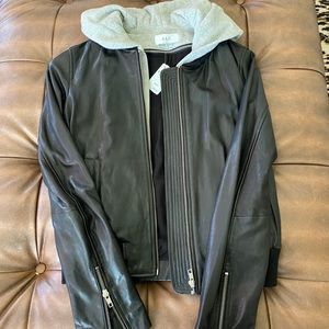 NWT ALC black leather jacket w zip out grey hood